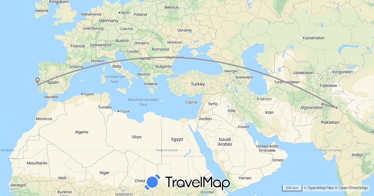 TravelMap itinerary: driving, plane in Afghanistan, Spain, Pakistan, Portugal (Asia, Europe)